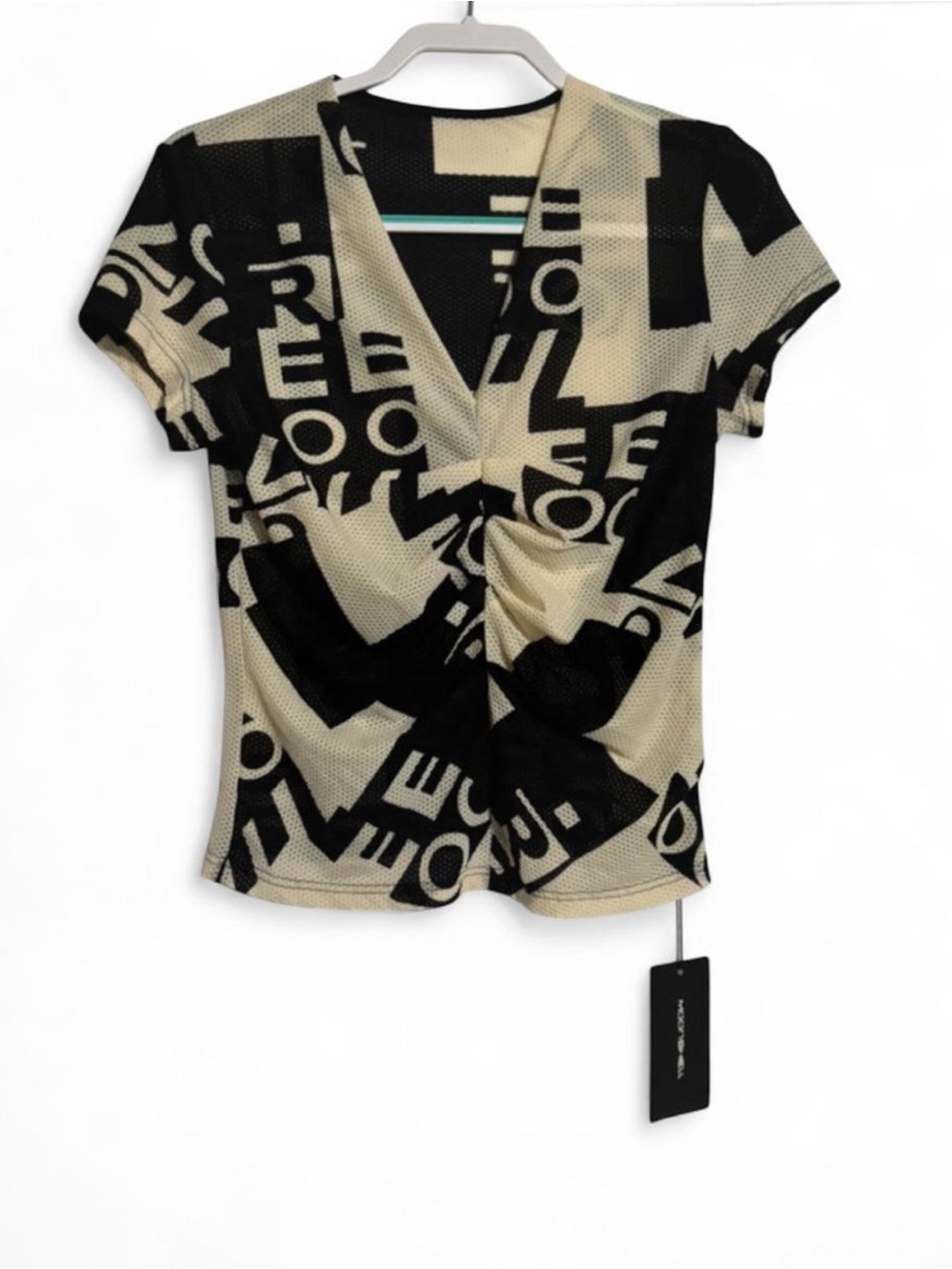 Moonshell Y2K Cyber Graphic Print Ruched Mesh Top L NWT